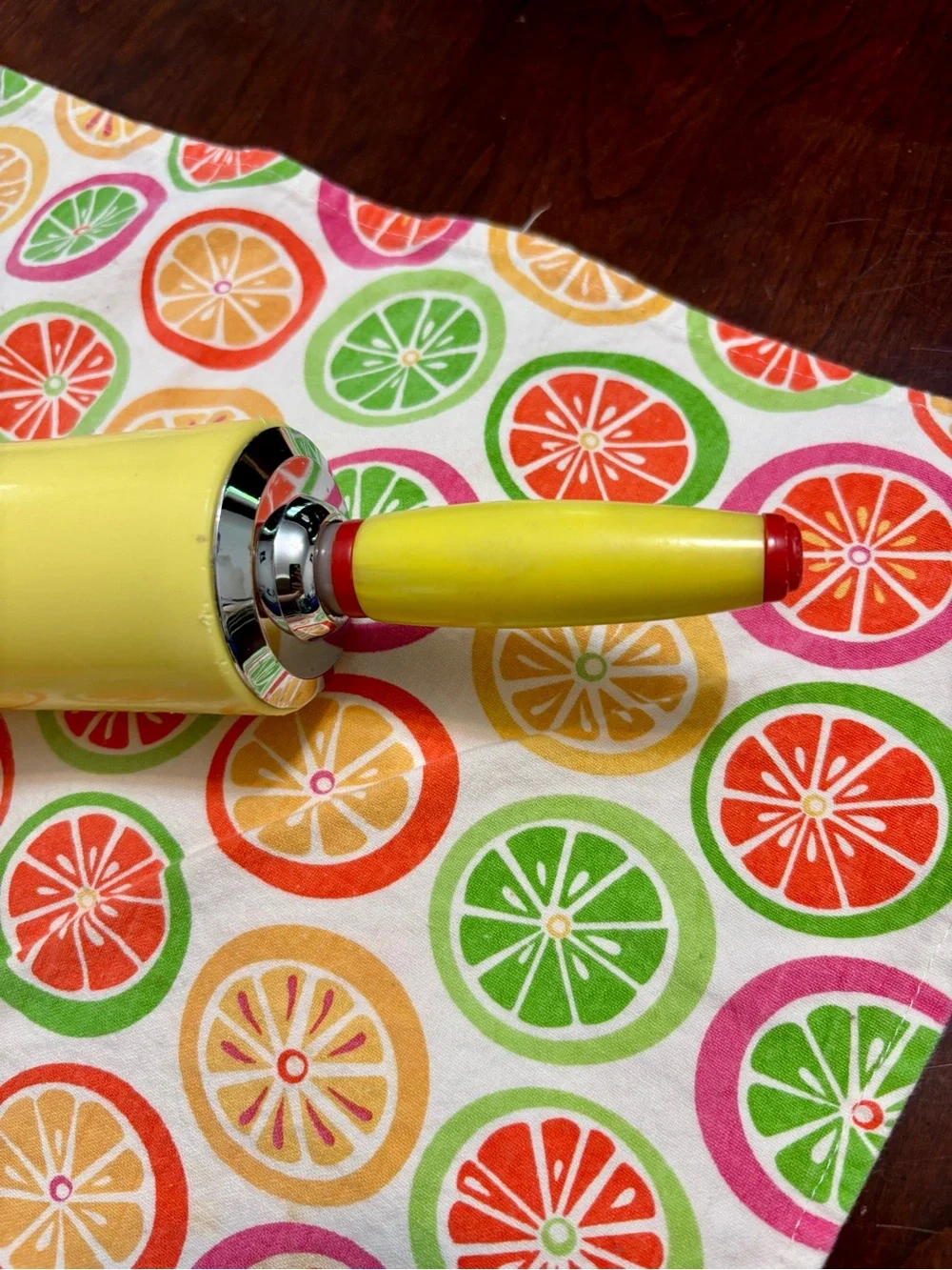 VTG 1950’s Yellow Melamine Rolling Pin with Red and Chrome Detailing MCM kitchen